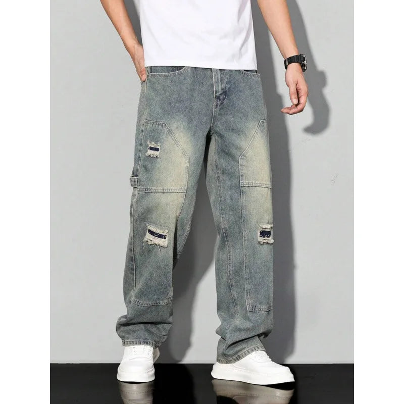 Men's Casual Denim Jeans Spring Autumn Winter Straight Leg Loose Fit Long Pants Double Belt Hole Pocket Daily Wear