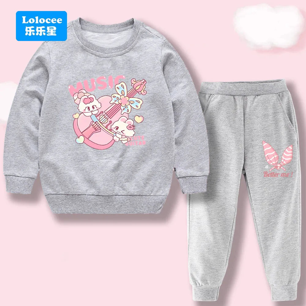 Toddler Girl 2Pcs Outfit: Music Rabbit Cartoon Sweatshirt + Black Pants Kids Casual Clothing Set Kids Tracksuit (3-14Y)  YL01