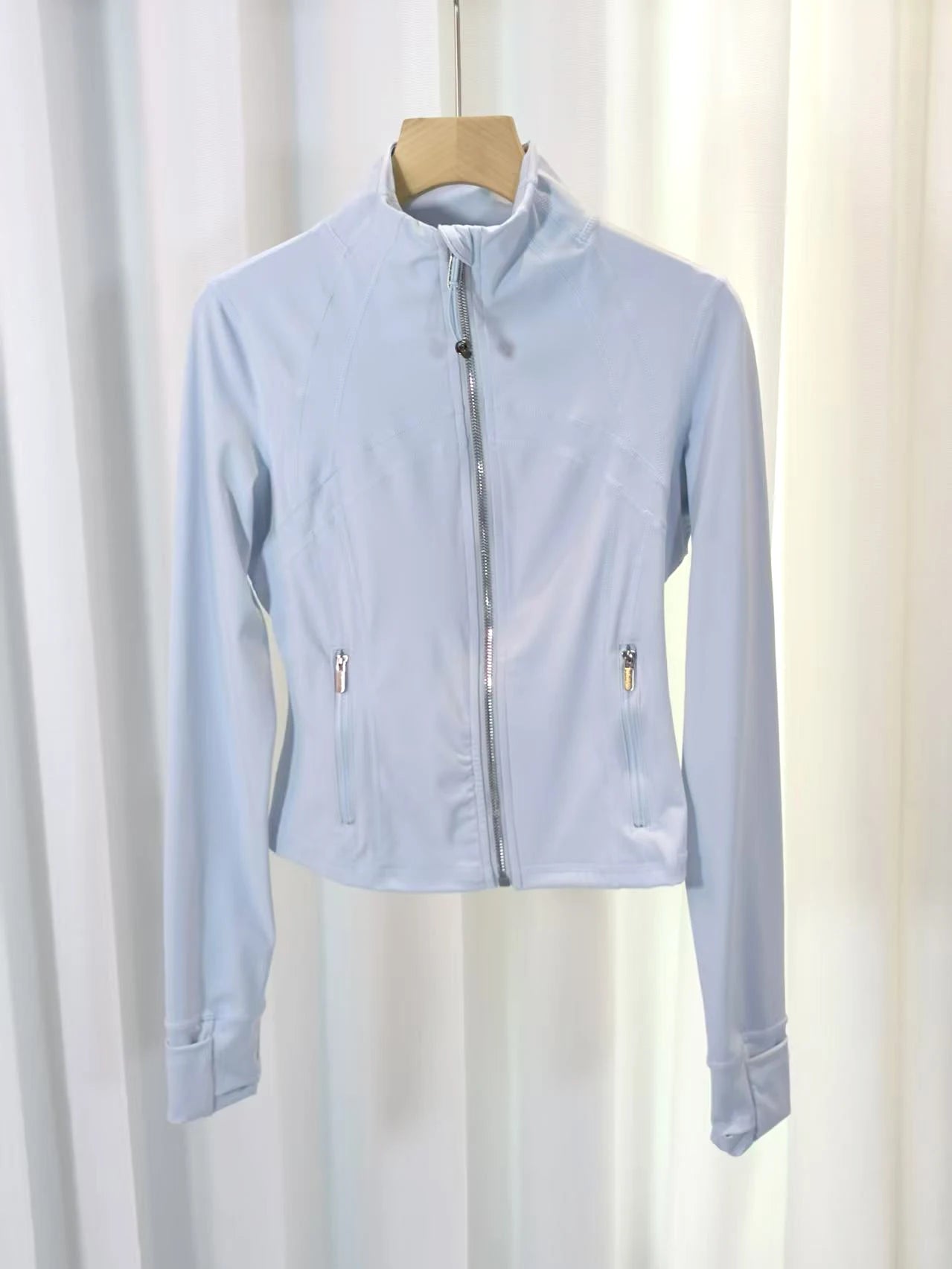 LULU FLORA Short silver zipper stand up collar jacket for waist slimming yoga women's outerwear, sun protection, quick drying,