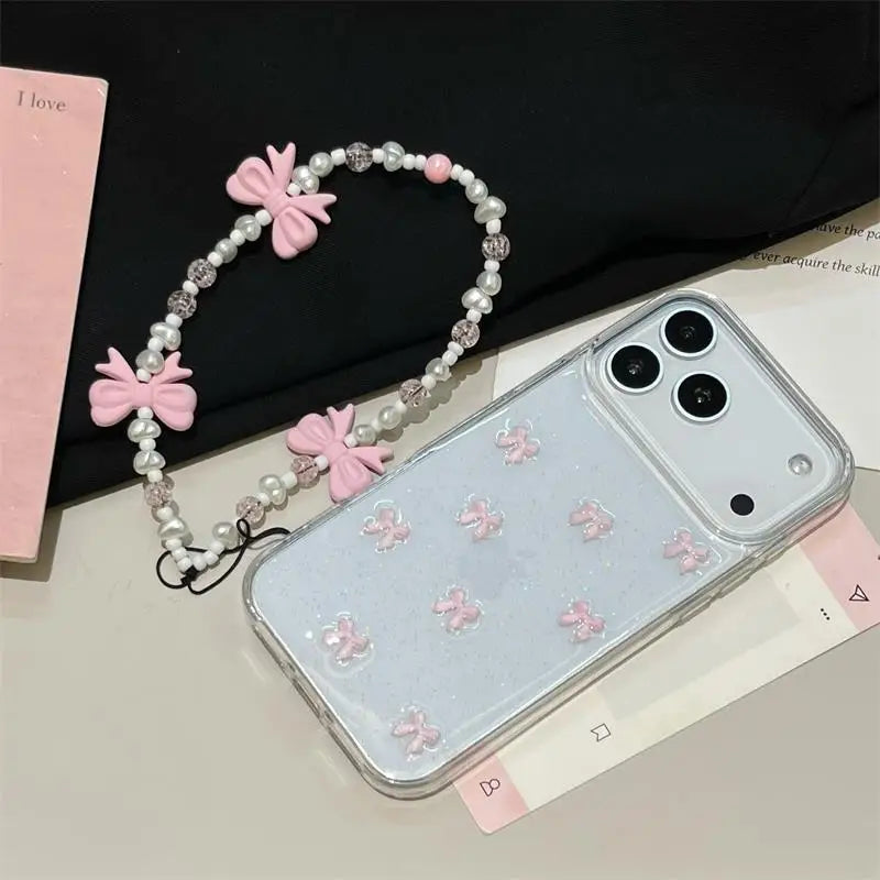 Korean Girl Pink Bowknot Phone Case For iPhone 17 Air 16 15 14 13 12 11 Pro Max 7 8 Plus X XR XS Max With Pink Bow Lanyard Cover
