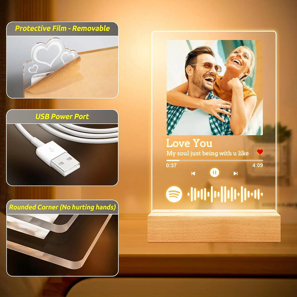 Personalised Acrylic Spotify Music Photo Plaque with LED Night Light Custom Mothers Day Gift Photo frames Custom Couple Gift