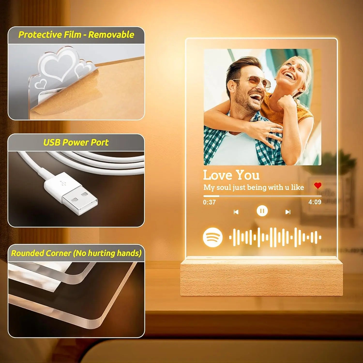 Personalised Acrylic Spotify Music Photo Plaque with LED Night Light Custom Mothers Day Gift Photo frames Custom Couple Gift