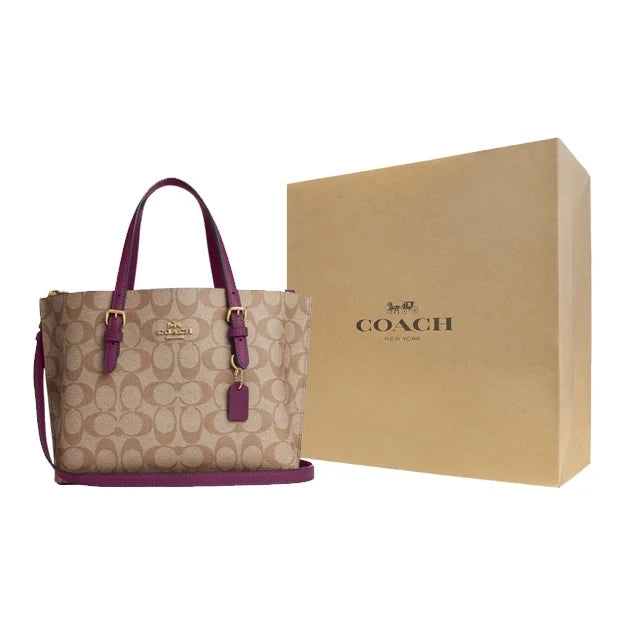 COACH Mollie Coated Canvas With Leather Tote Bag, Shopping Bag, Handbag Medium Women's Khaki & Boysenberry C4250-IMRSF