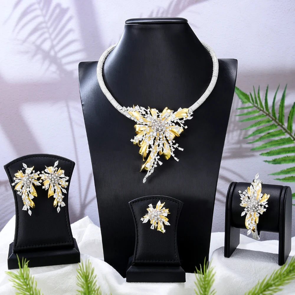 GODKI Famous Brand 4PCS Bicolor Flower African Jewelry Set For Women Wedding Party Zircon Crystal Dubai Bridal Jewelry Set Gift