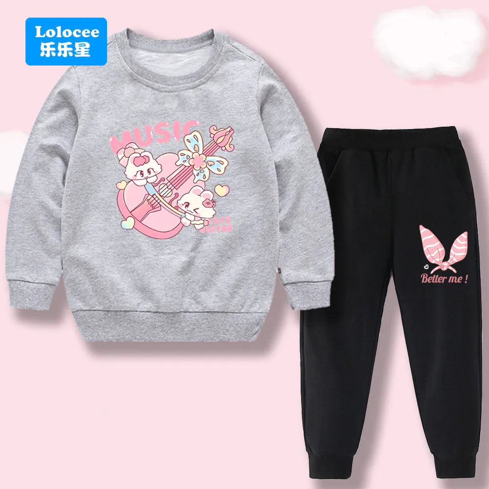 Toddler Girl 2Pcs Outfit: Music Rabbit Cartoon Sweatshirt + Black Pants Kids Casual Clothing Set Kids Tracksuit (3-14Y)  YL01