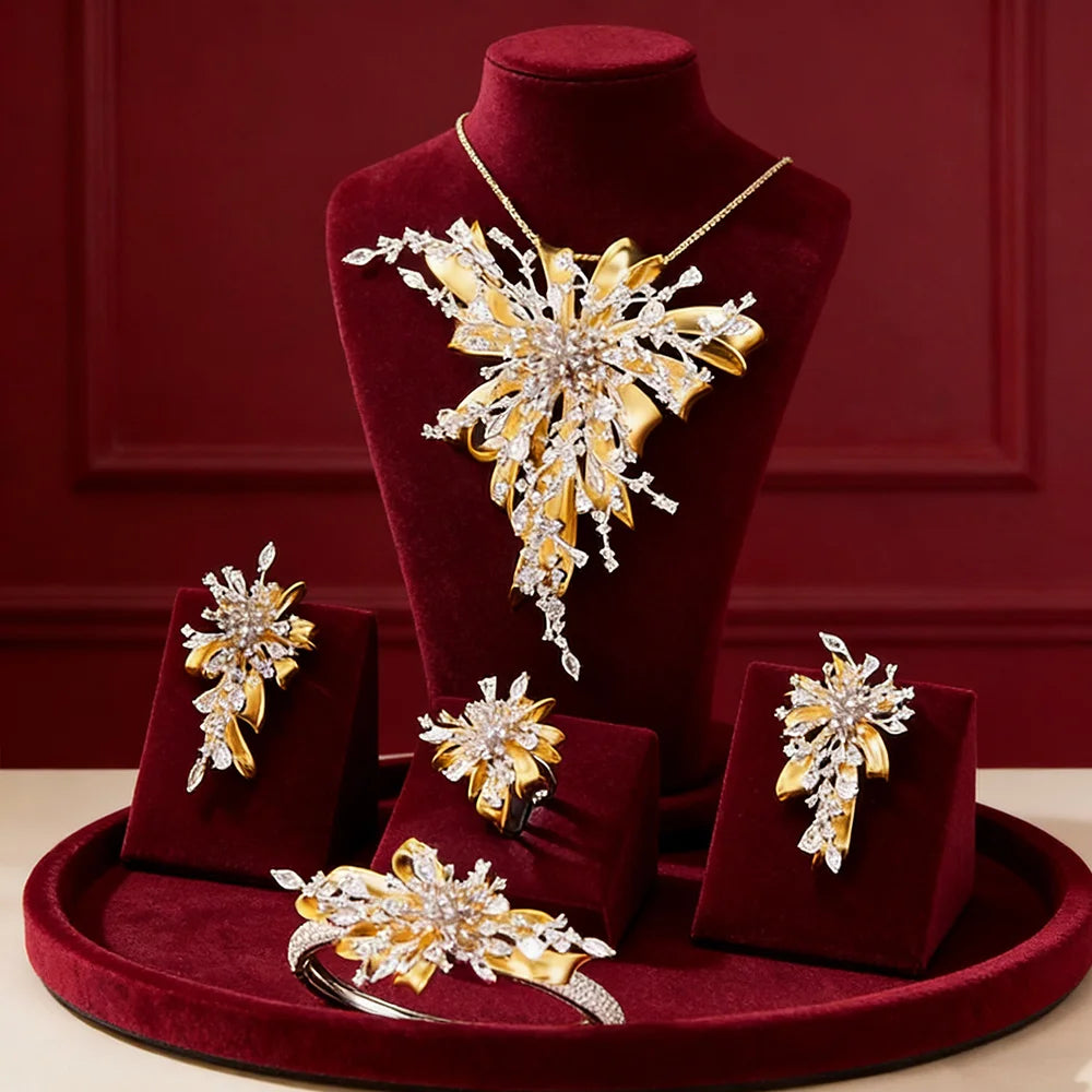 GODKI Famous Brand 4PCS Bicolor Flower African Jewelry Set For Women Wedding Party Zircon Crystal Dubai Bridal Jewelry Set Gift