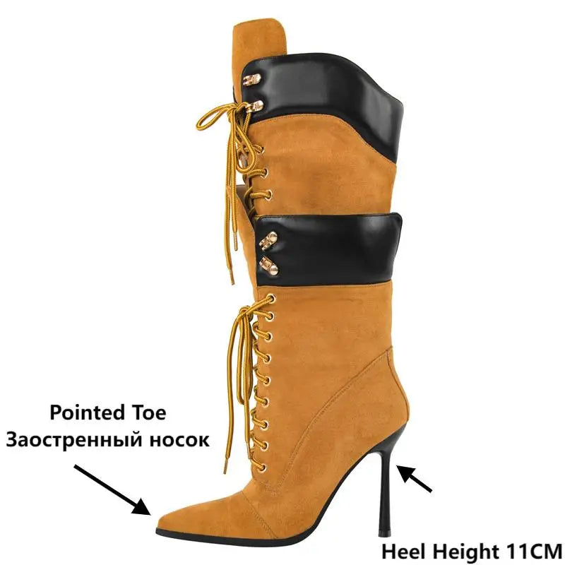 Onlymaker Women Pointed Toe Double Stiletto High Heel Lace Up Mid-Calf Boots