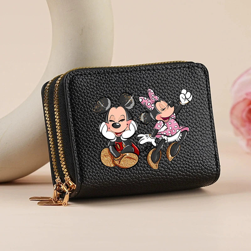 Mickey Minnie Women's Double Zipper Wallet Lychee Pattern Fashion Short Credit Card Holder with Large Capacity Coin Purse