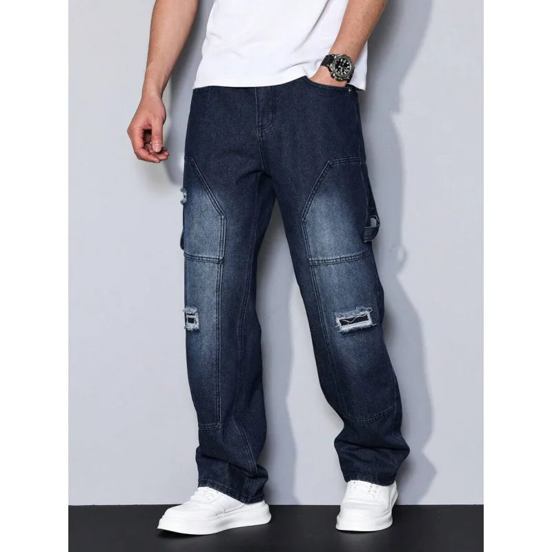 Men's Casual Denim Jeans Spring Autumn Winter Straight Leg Loose Fit Long Pants Double Belt Hole Pocket Daily Wear