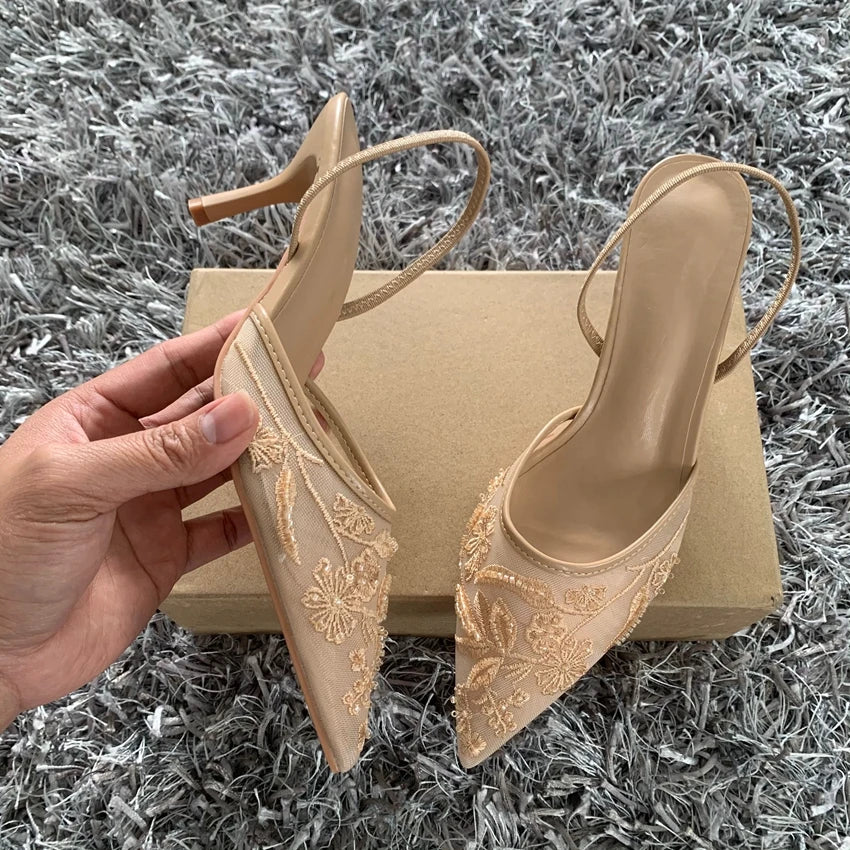 Luxury Brand High Heels Women Sandals Mesh Embroider Elegant Pointed Ladies Slingback Evening Party Wedding Bridal Dress Shoes