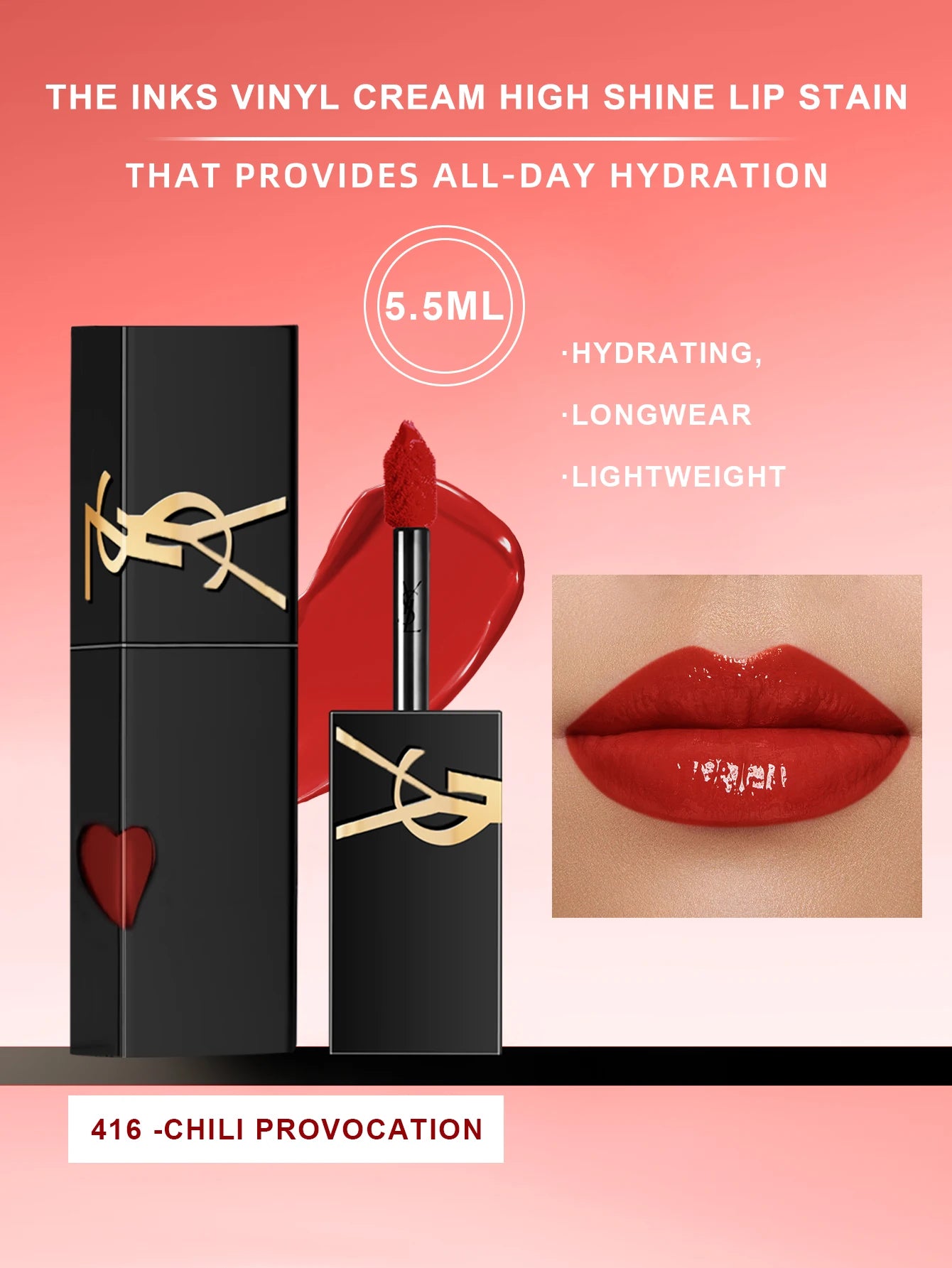 Yves Saint Laurent The Inks Vinyl Cream High Shine Lip Stain #610-Nude #416-Chili  - 0.18 FL .OZ./5.5ML