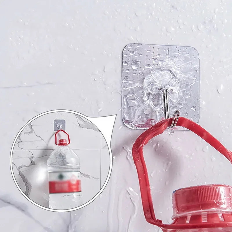 50pcs Transparent Stainless Steel Self-Adhesive Hooks Bathroom Towel Clothes Storage Sticker Hook Key Hangers Storage Holder