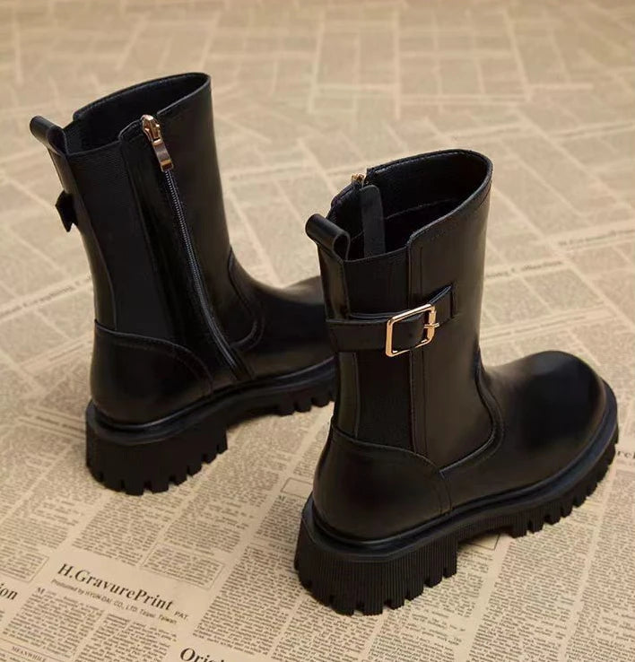 Women's Half High Boots Round Toe Chelsea Ladies Mid Calf Shoes Middle Heel Brown Footwear Spring Autumn Sale Gothic Demi-season