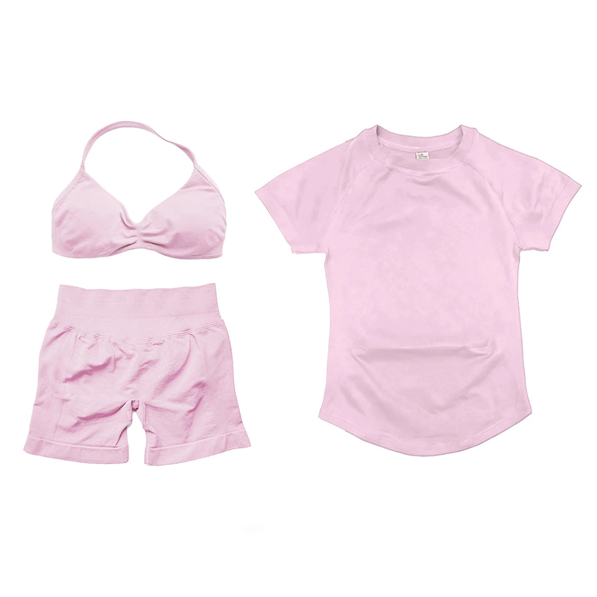 3 Pcs Short Sleeve Shirt Gym Set Round Neck Yoga Shirt & Seamless Shorts &Strappy Bra Fitness Cycling Gym Clothing