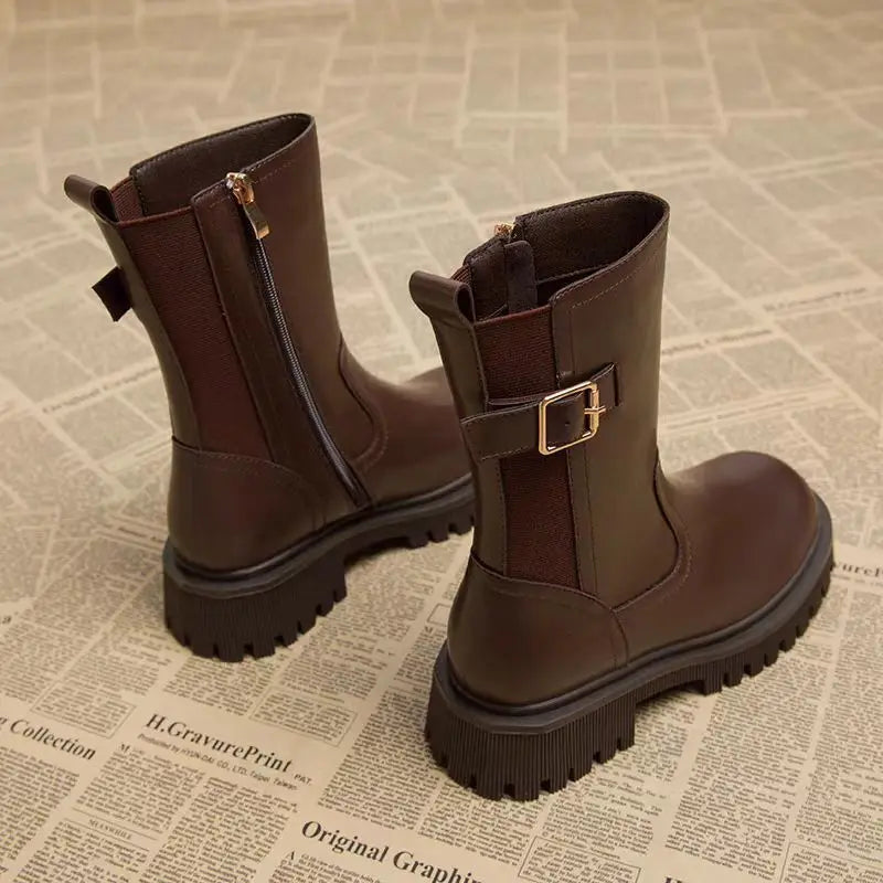 Women's Half High Boots Round Toe Chelsea Ladies Mid Calf Shoes Middle Heel Brown Footwear Spring Autumn Sale Gothic Demi-season