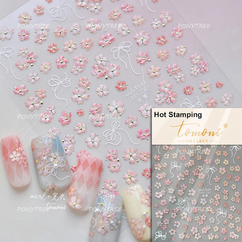 Embossed Flower Pink Butterfly Lucky Peach Blossom Chic Spring Petal 5D Soft Relief Adhesive Nail Art Stickers Manicure Decals