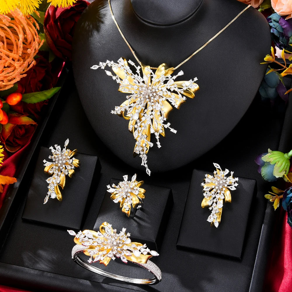 GODKI Famous Brand 4PCS Bicolor Flower African Jewelry Set For Women Wedding Party Zircon Crystal Dubai Bridal Jewelry Set Gift
