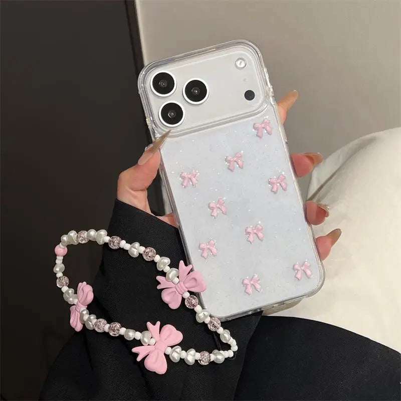 Korean Girl Pink Bowknot Phone Case For iPhone 17 Air 16 15 14 13 12 11 Pro Max 7 8 Plus X XR XS Max With Pink Bow Lanyard Cover