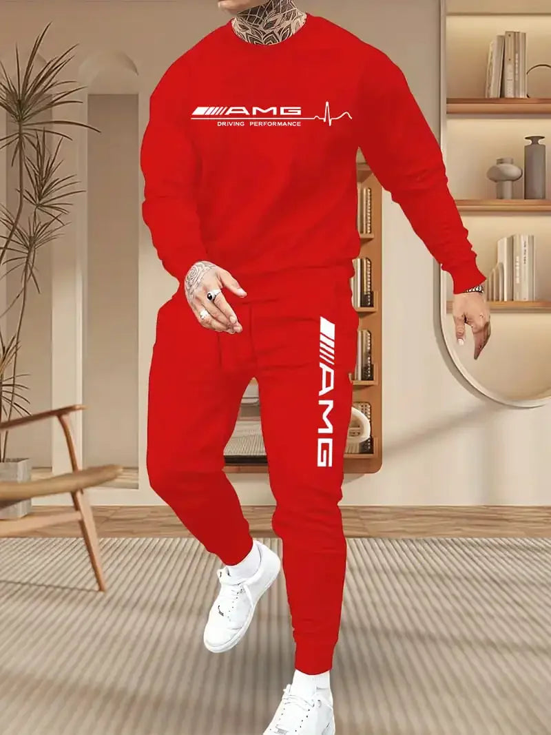 Mercedes-Benz Autumn Winter Set Men's Casual Versatile Printed Sweatshirt and Sweatpants Autumn Winter Cool Handsome Men's Long