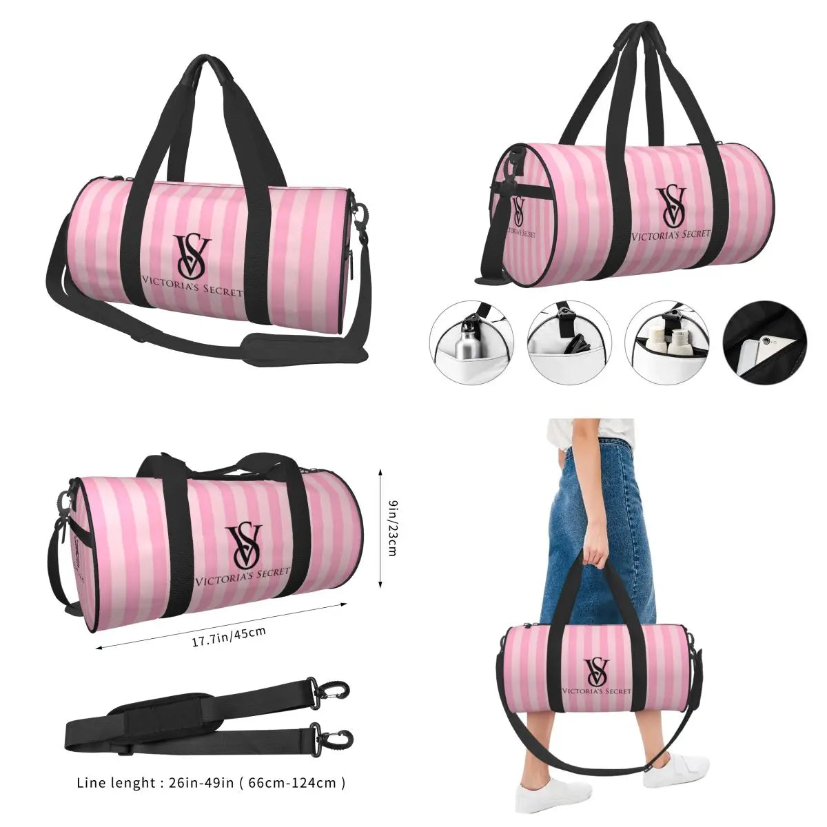 Pink White Stripe Round Capacity Travel Duffel Bag Male Female Large-Capacity Hand Luggage Sports Fitness Bag Travel Package
