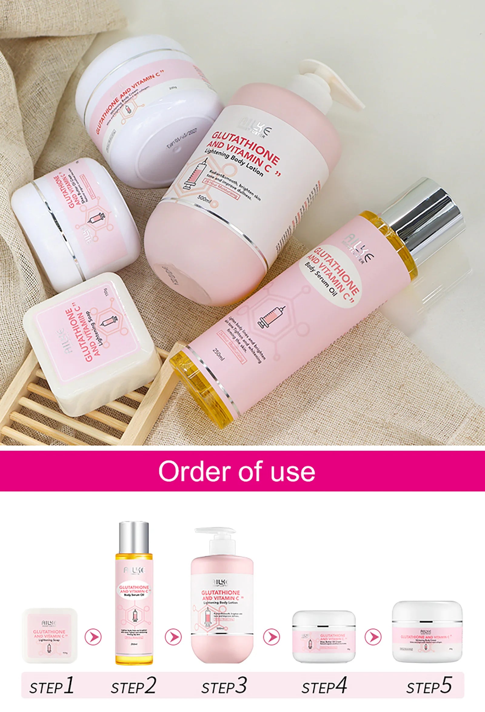 AILKE Skin Whitening Set, With Glutathion, Vitamin C, Shea Butter, Remove Dark Spots, Melanin, Pigmentation, Freckles, Stains