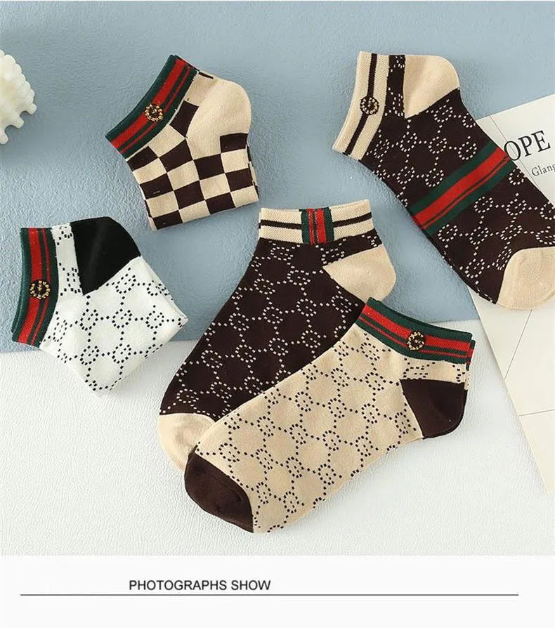 10 Pairs Men's Trendy Short Socks Summer Breathable Geometric Pattern Ankle Socks Luxury Designer Brand Fashion Low Cut Socks