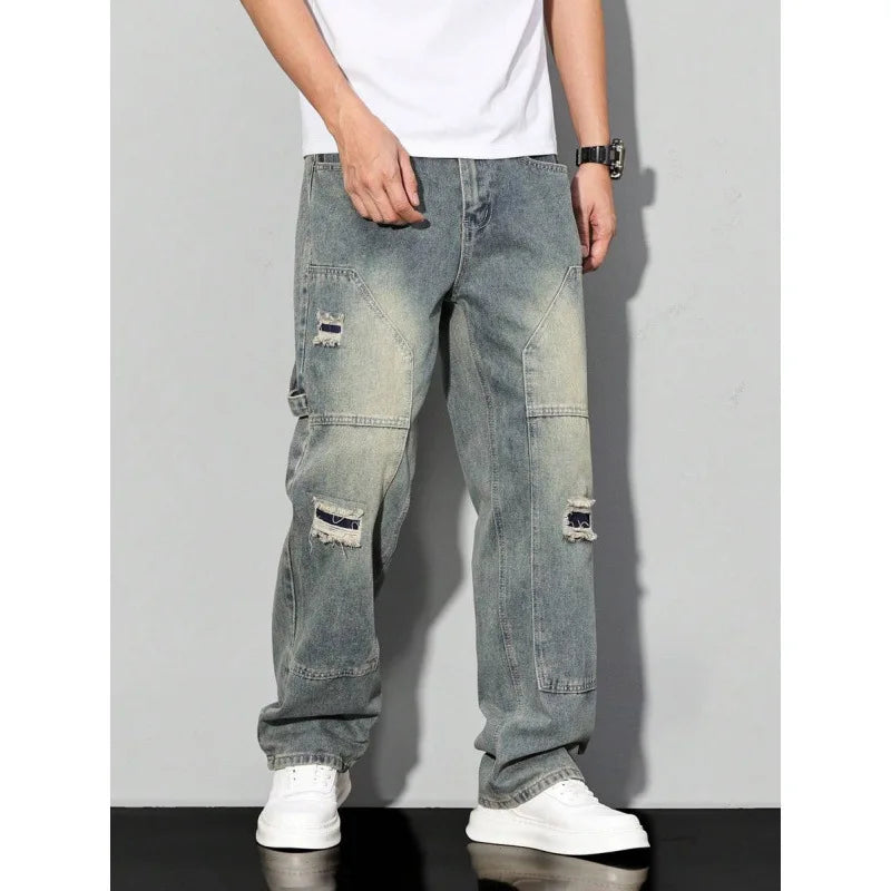Men's Casual Denim Jeans Spring Autumn Winter Straight Leg Loose Fit Long Pants Double Belt Hole Pocket Daily Wear