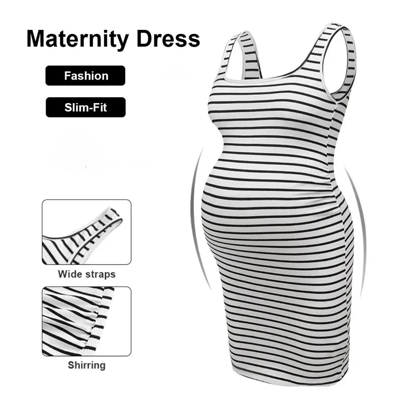 Summer Sleeveless Maternity Dress Knee-Length Casual Stripe Cotton Tank Dress for Pregnant Women Comfortable Mama Clothes