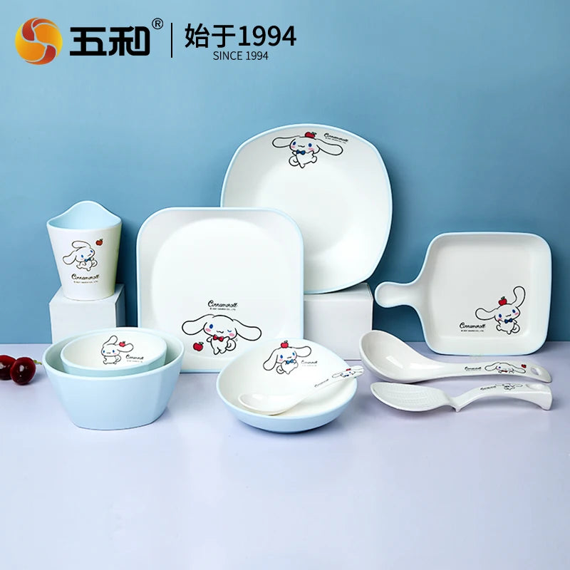 For Sanrio Cinnmoroll Children Tableware Cartoon Soup Spoons Anti-Fall Dining Plates Salad Bowls Water Cups Food-grade Tableware