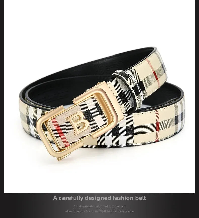 Trendy Plaid B Letter Automatic Buckle Belt for Men Premium Quality Fashionable Business Style Versatile Home Use