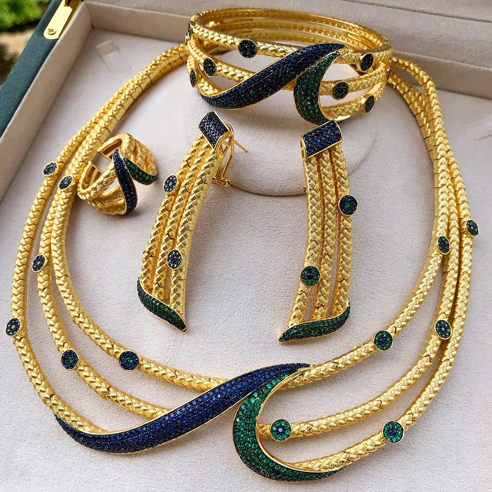 GODKI Leaf Charms 4Pcs Luxury Nigerian Jewelry Set For Women Wedding Cubic Zircon Dubai Bridal Necklace Earring Bangle Ring Set