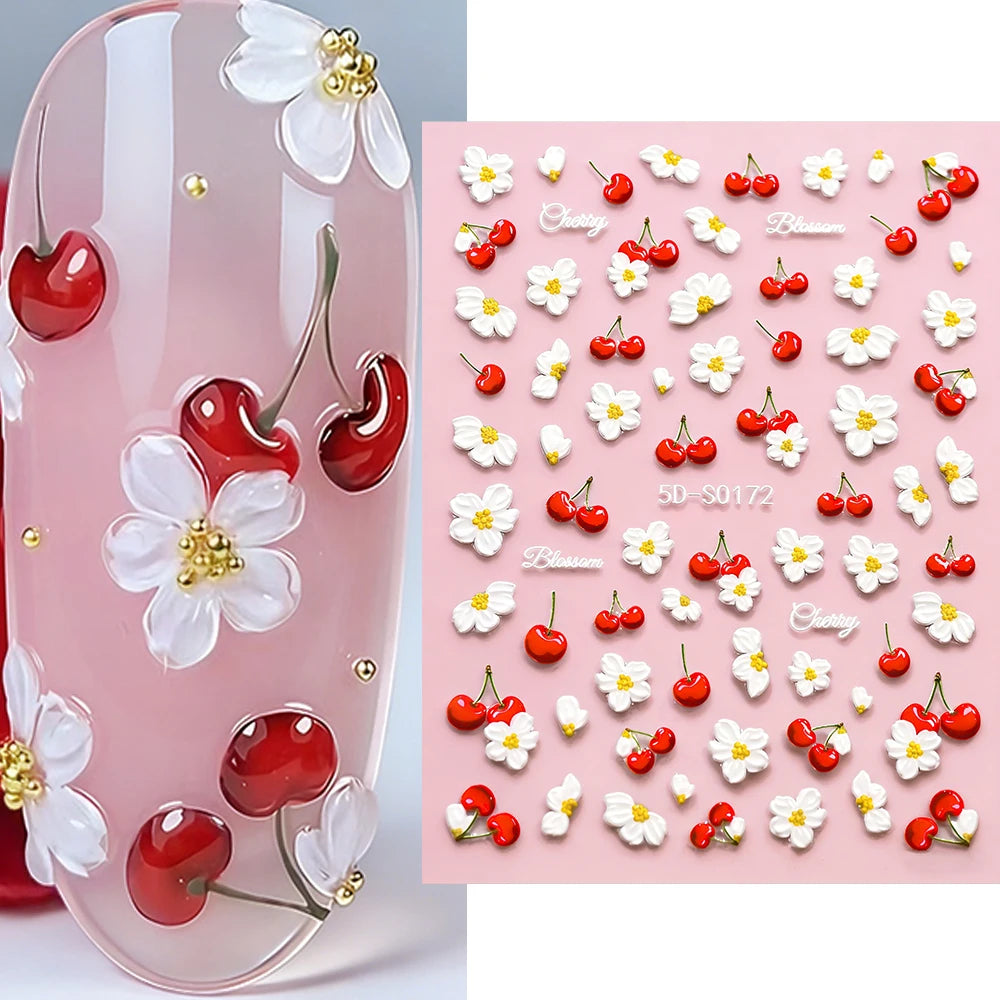 2pcs 5D Elegant Cherry Fruit Nail Stickers Kawaii Spring White Flowers Self-Adhesive Nail Decals DIY Wedding Season Nail Decor