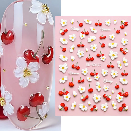 2pcs 5D Elegant Cherry Fruit Nail Stickers Kawaii Spring White Flowers Self-Adhesive Nail Decals DIY Wedding Season Nail Decor