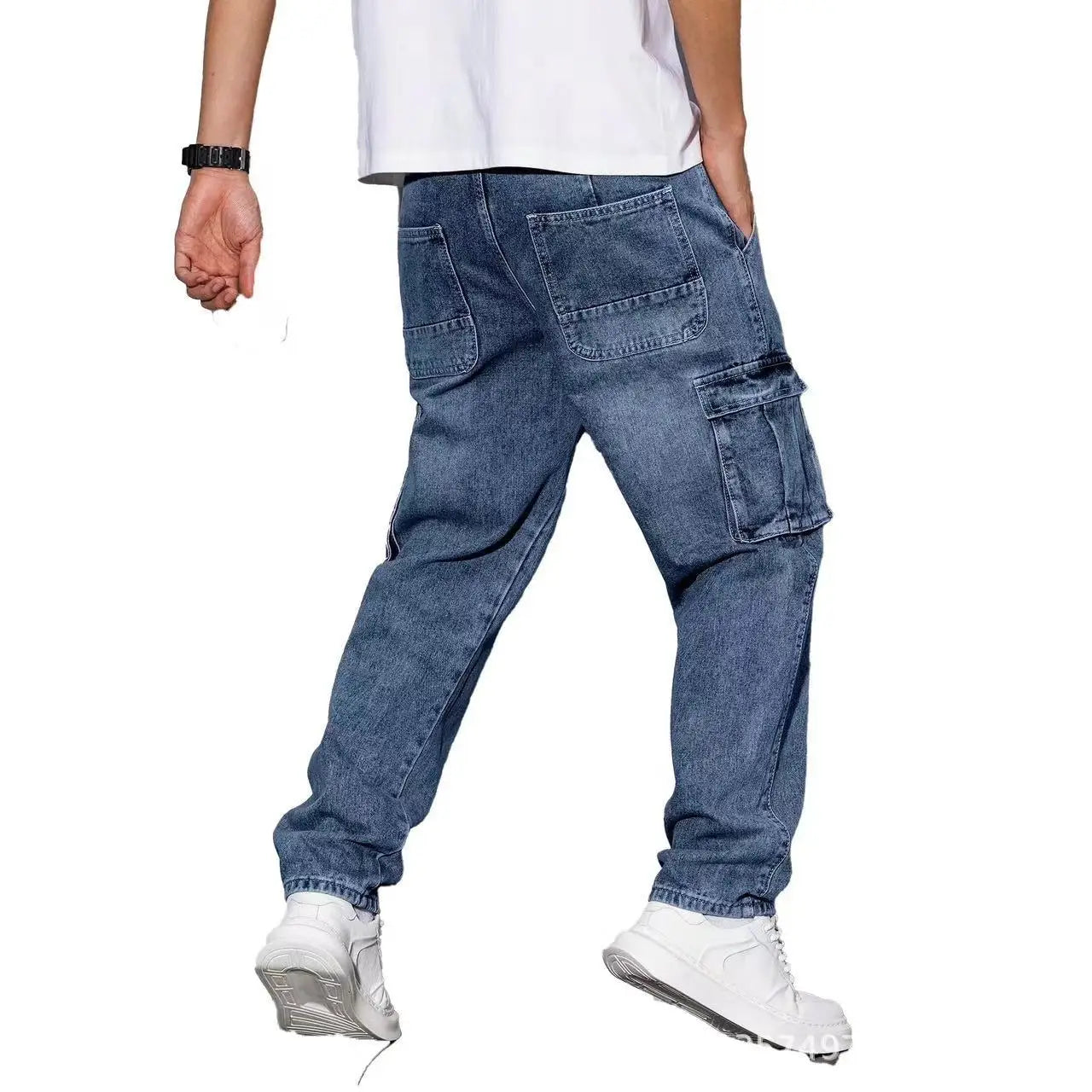 American High Street Hip Hop Style Loose Straight Leg Casual Long Jeans Multi Pocket Workwear Cotton Blend Spring Autumn