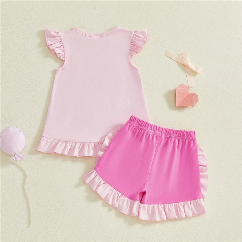 Toddler Kids Girls Clothing Sets Short Sleeve Bow Embroidery Tops Ruffle Trim Shorts Baby Clothes Children Kids Outfits