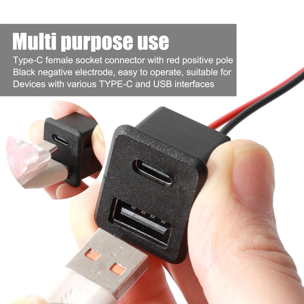 Black Double Layer Usb Female Type-C Socket Car Accessories 1-10pcs Usb Lamp Charging Female Power Socket with Cable Connector