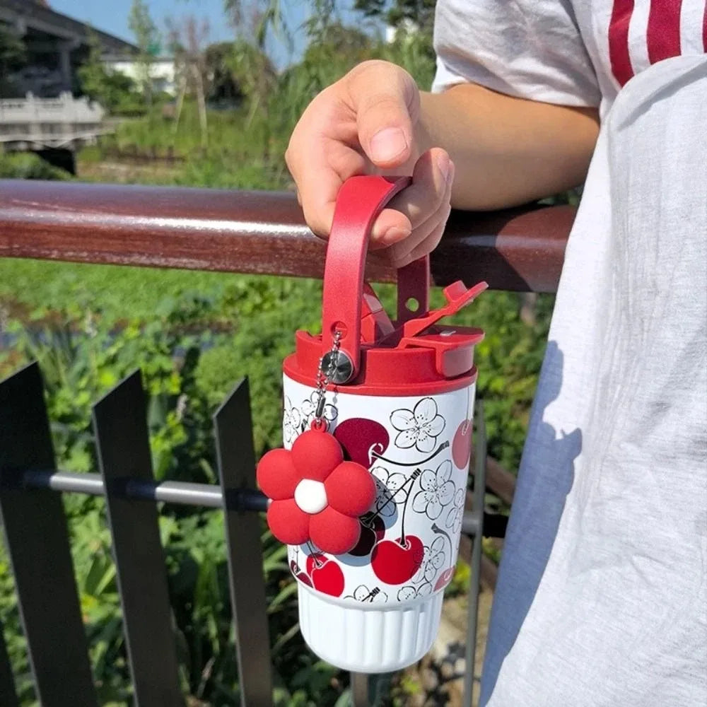 500ML 316 Stainless Steel Straw Cup Insulation or Cooling Strawberry Fruit Print Insulated Cup with Flower Pendant