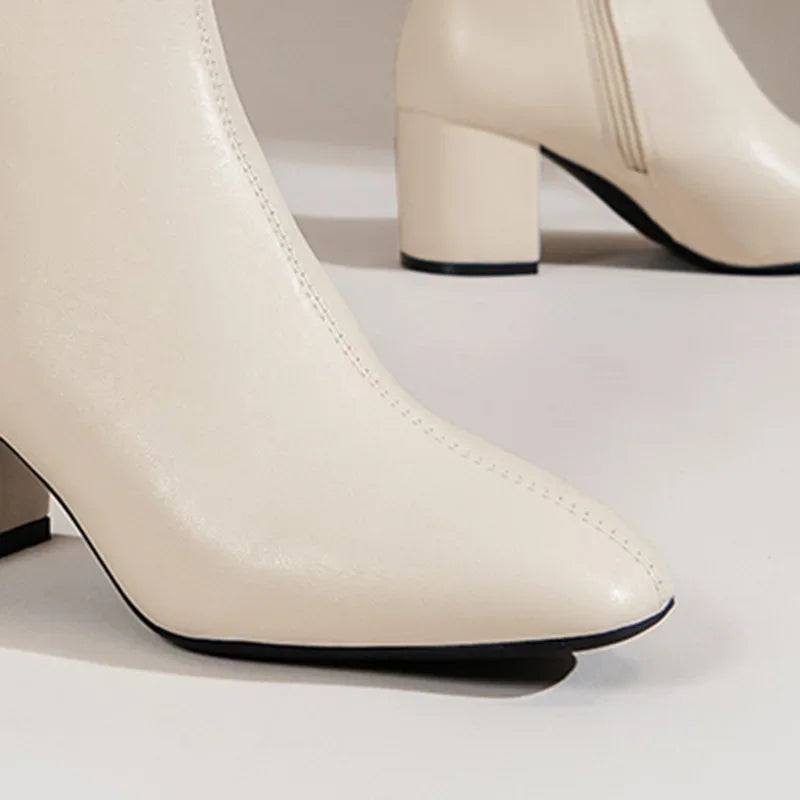 White Ankle Boots for Women 2024 New Side Zipper Stretch Middle Heel Large Size Short Boot Fashion Pointed Shoes Botas De Mujer