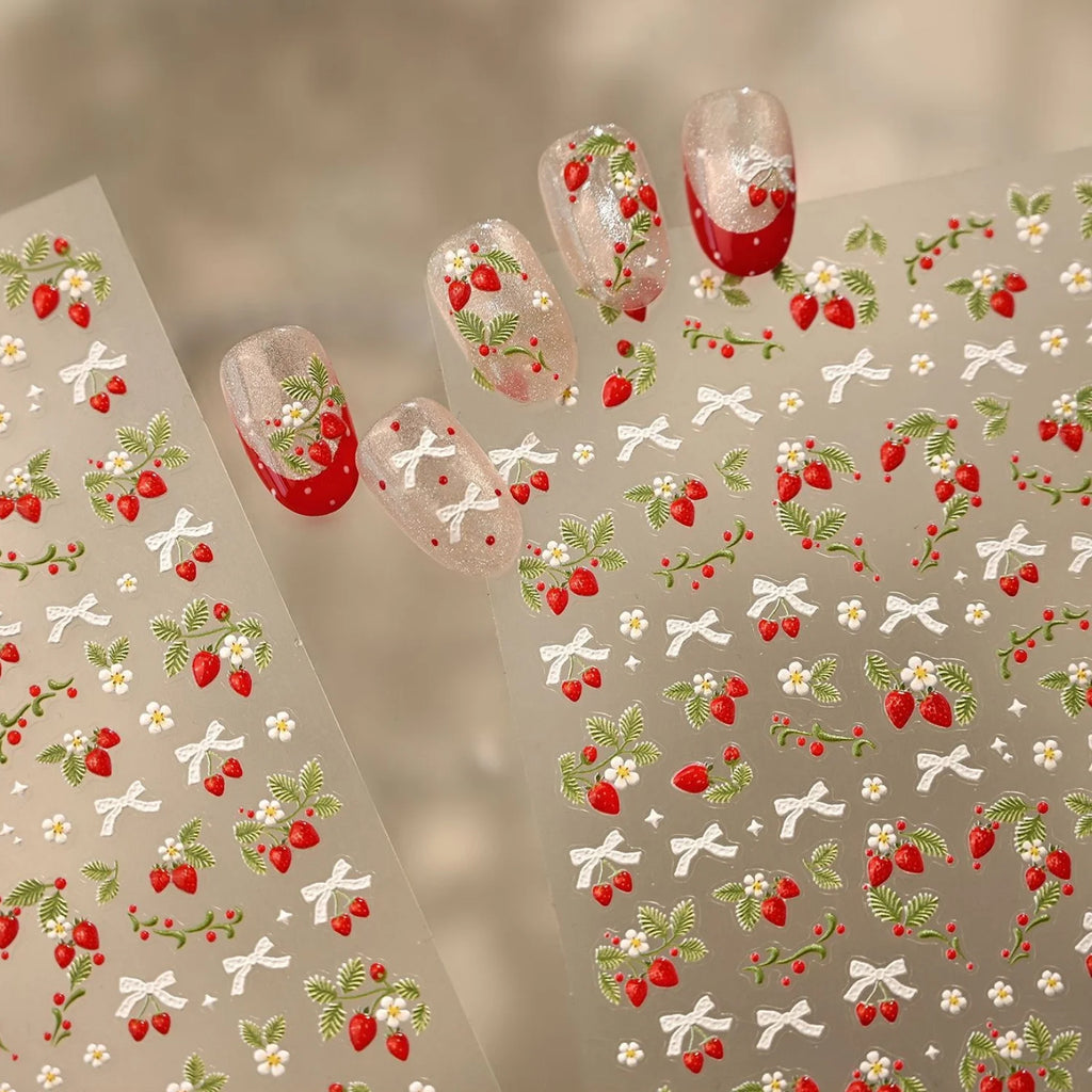 Spring Strawberry Vine 5D Nail Art Stickers Garden Fresh Red Strawberry Green Leaves Flower Cherry Branch Bow Nail Decals DIY