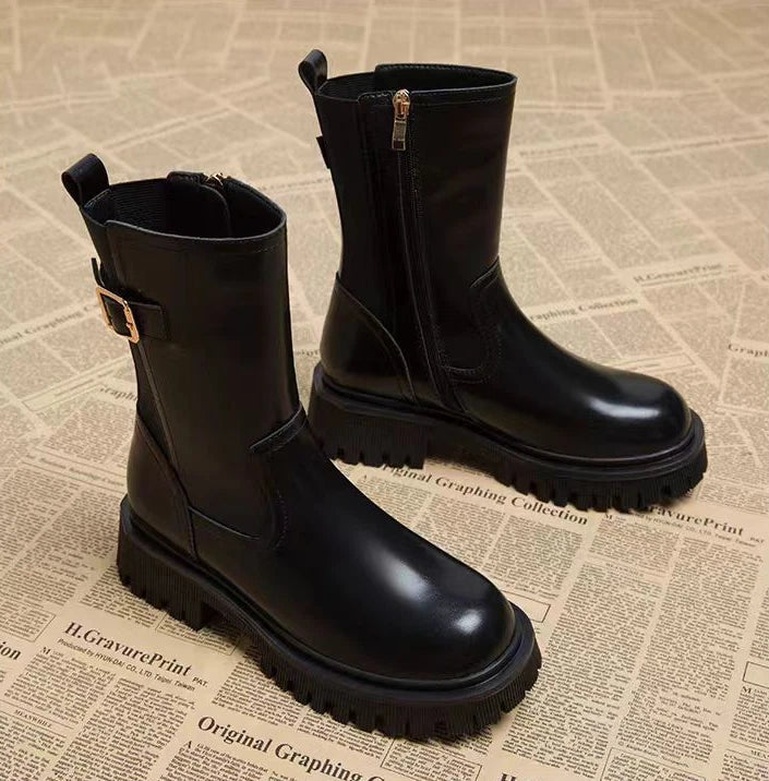 Women's Half High Boots Round Toe Chelsea Ladies Mid Calf Shoes Middle Heel Brown Footwear Spring Autumn Sale Gothic Demi-season