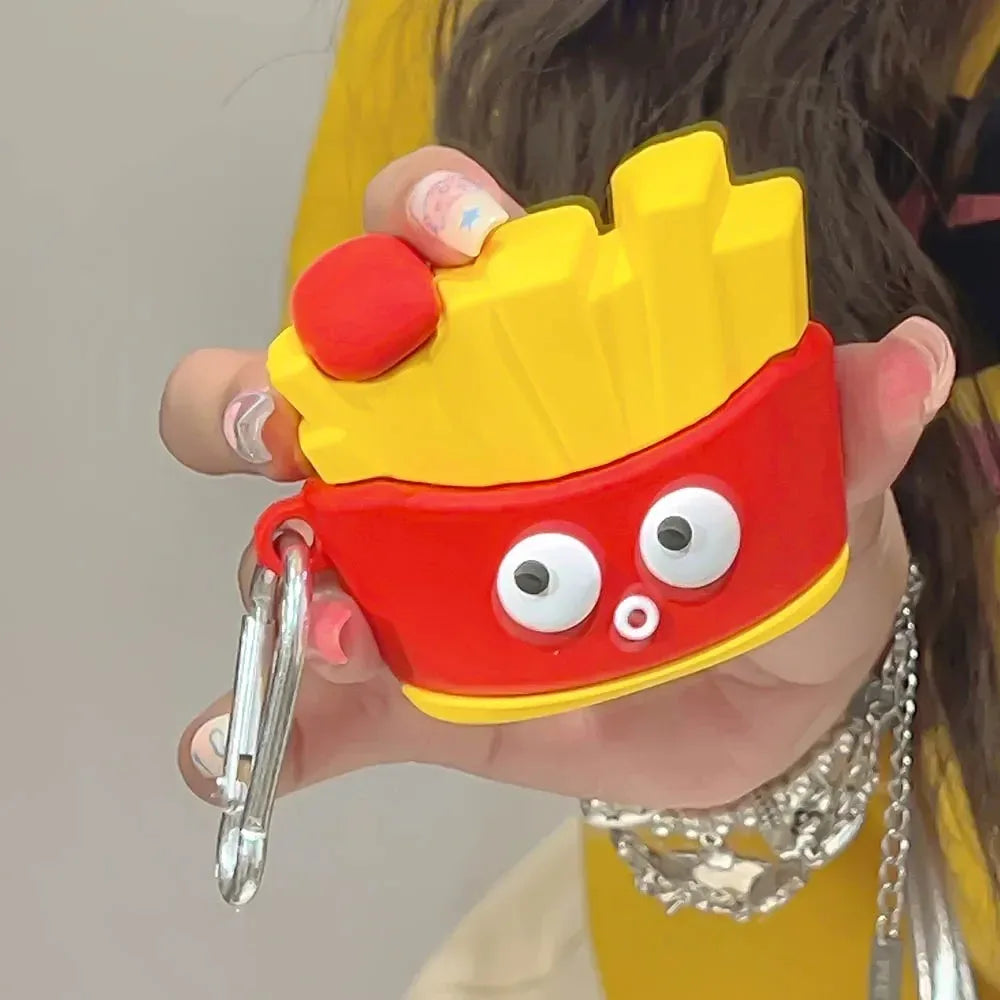 For AirPods 4 3 2 1 Pro Pro2 Earphone Case 3D French Fries Hamburger Silicone Protective Headphone Box With Pendant Cover