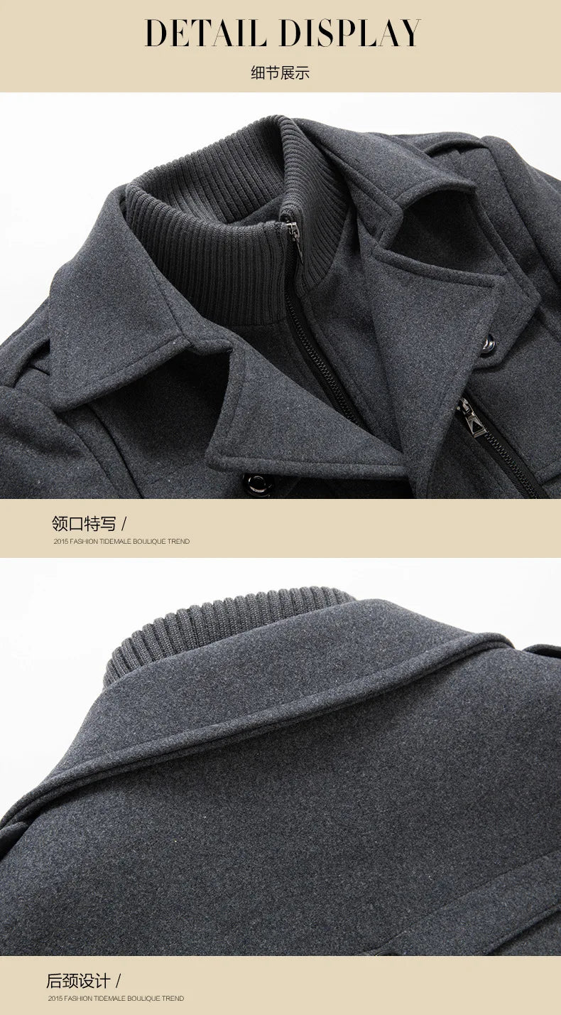 New Winter Mens Wool Blends Coats Solid Color Thick Warm Woolen Overcoat Double Neck Trench Coat Men Single Breasted Windbreaker