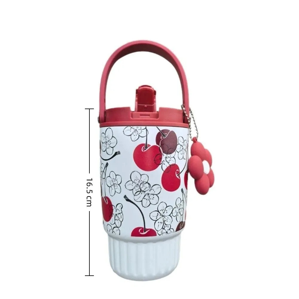 500ML 316 Stainless Steel Straw Cup Insulation or Cooling Strawberry Fruit Print Insulated Cup with Flower Pendant