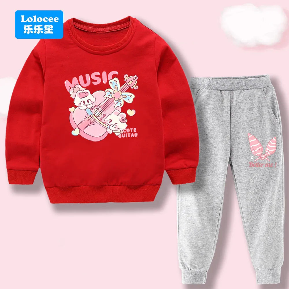 Toddler Girl 2Pcs Outfit: Music Rabbit Cartoon Sweatshirt + Black Pants Kids Casual Clothing Set Kids Tracksuit (3-14Y)  YL01