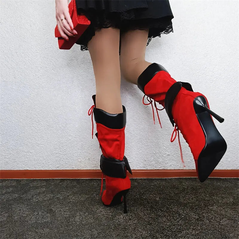 Onlymaker Women Pointed Toe Double Stiletto High Heel Lace Up Mid-Calf Boots