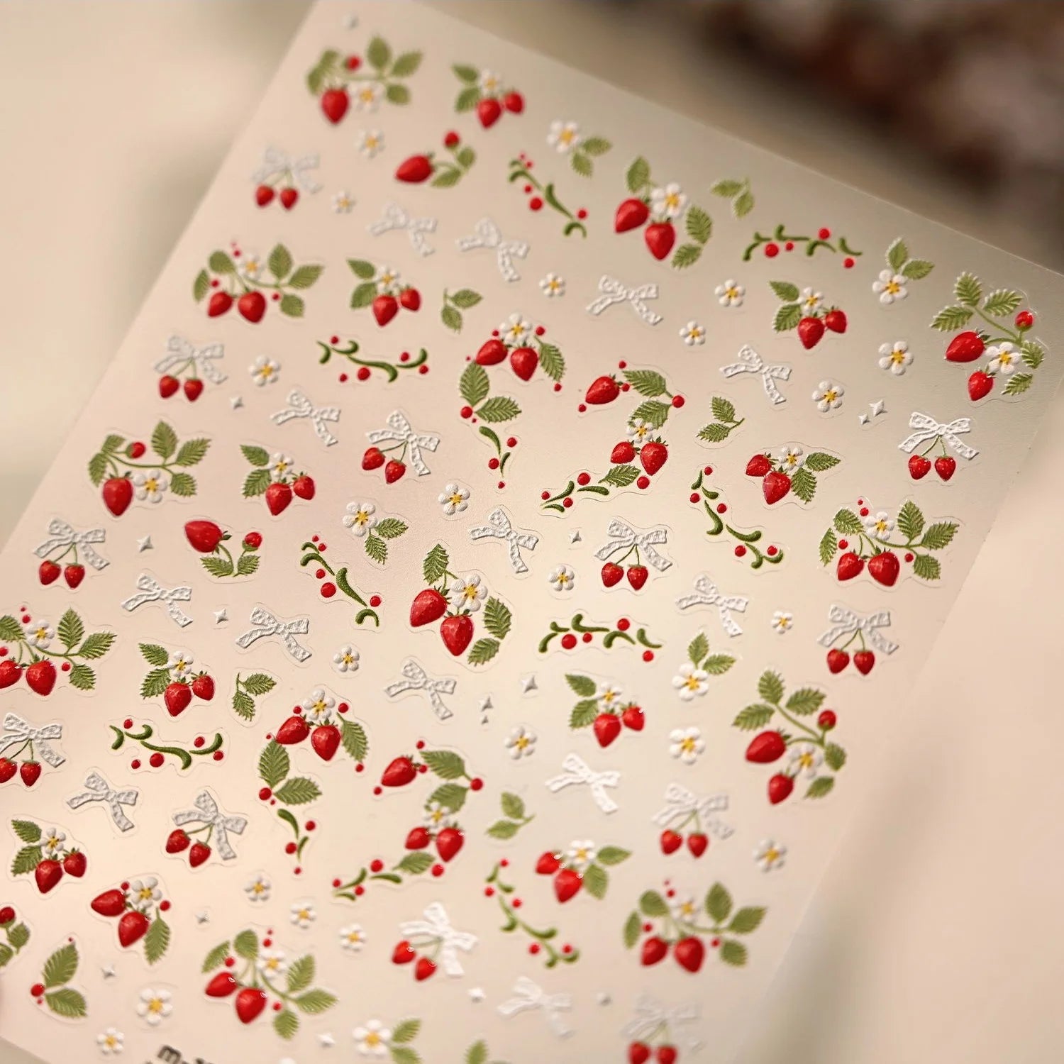 Spring Strawberry Vine 5D Nail Art Stickers Garden Fresh Red Strawberry Green Leaves Flower Cherry Branch Bow Nail Decals DIY