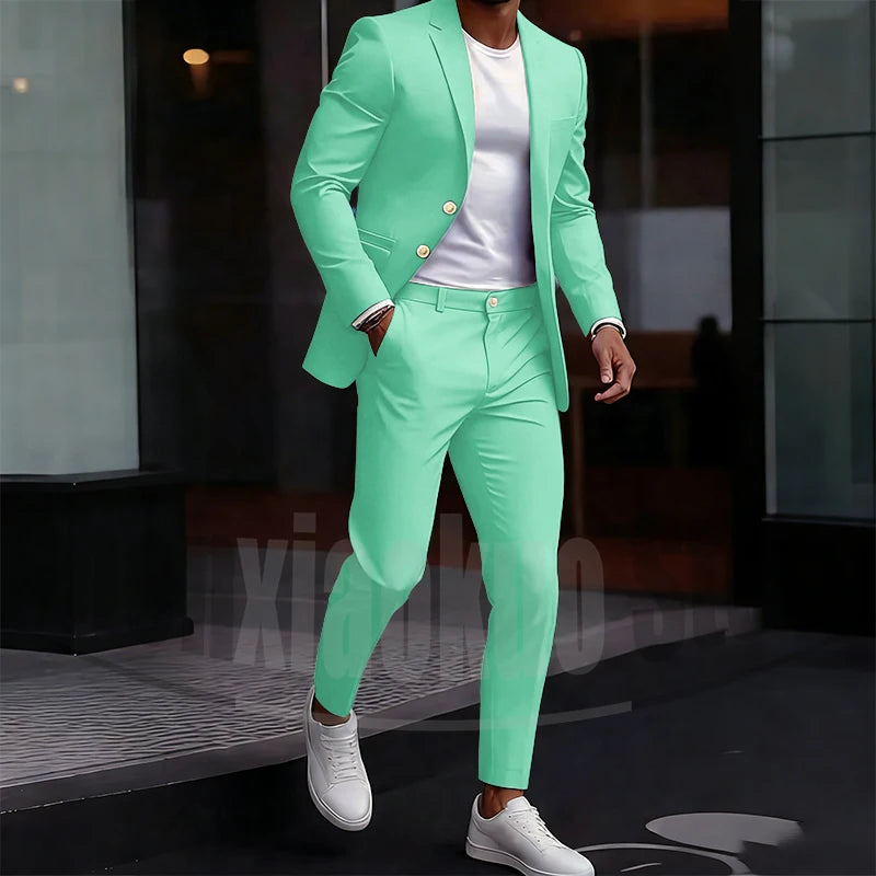 Men's Light Green Suit Set Single Breasted Casual Stylish Wear for Daily Party Fashion Solid Color Formal Male Suit 2 Piece