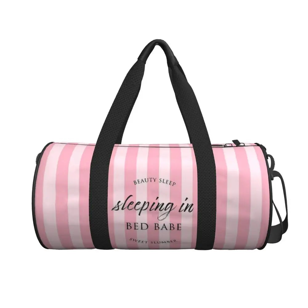 Pink White Stripe Round Capacity Travel Duffel Bag Male Female Large-Capacity Hand Luggage Sports Fitness Bag Travel Package
