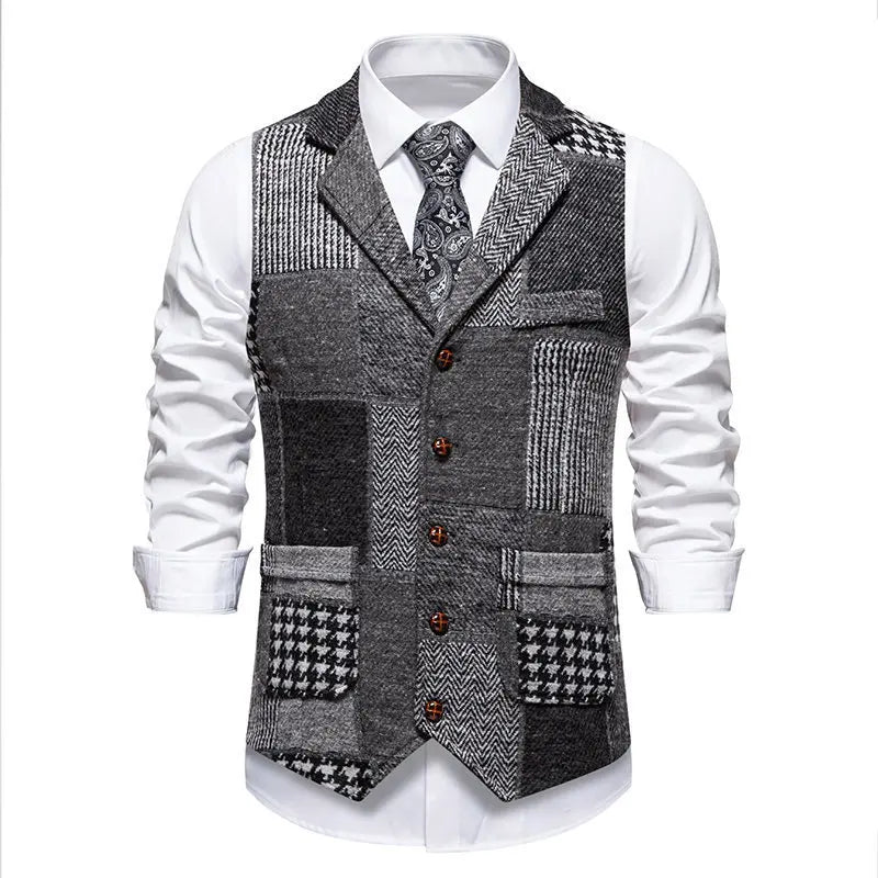 Men's Fashionable Retro Patchwork Collarless Plaid Vest Autumn Winter European Size Slim Fit Single Button Casual Youth Trend