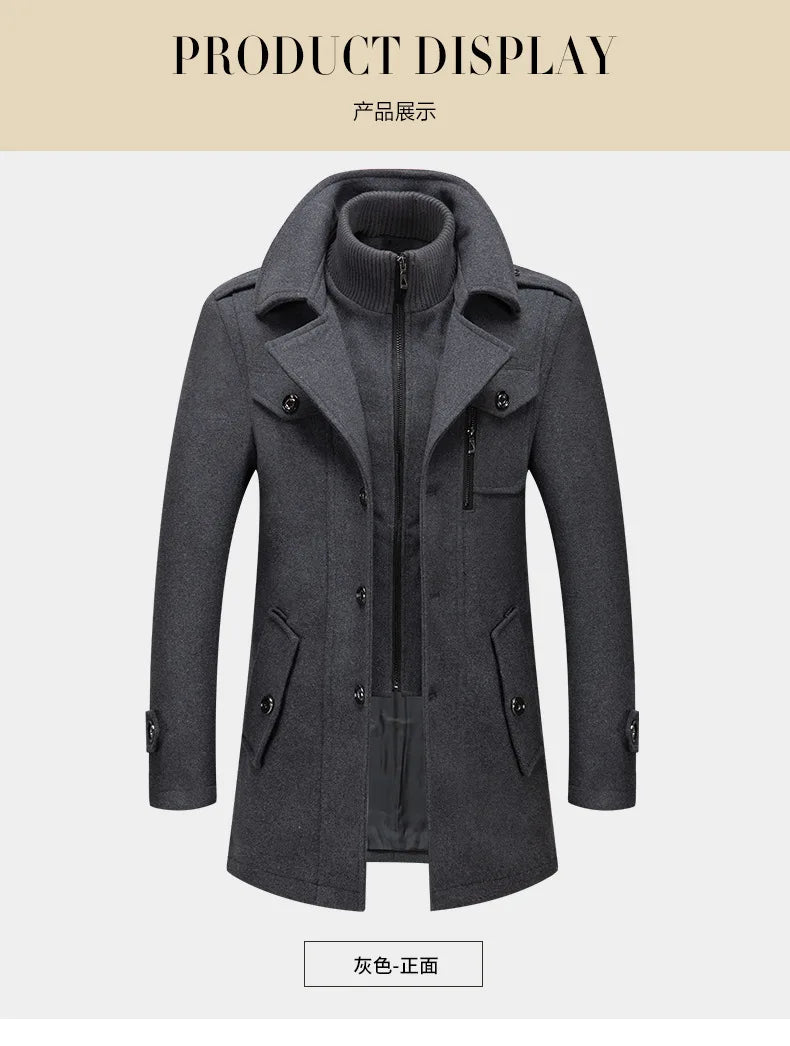 New Winter Mens Wool Blends Coats Solid Color Thick Warm Woolen Overcoat Double Neck Trench Coat Men Single Breasted Windbreaker